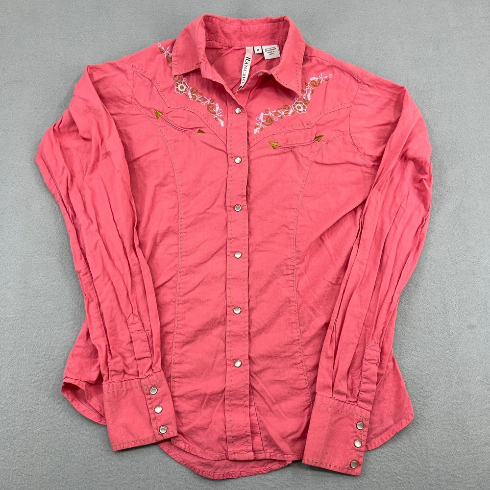 Rancho Estancia Womens Western Pearl Snap Embroidered Shirt Coral Pink Medium